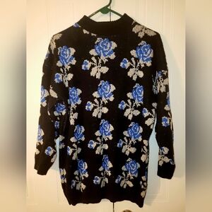 Vintage, 80s Jonathan Cass Black Floral Knit Sweater with Blue&Silver Size M